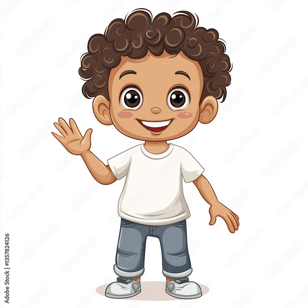 Obraz premium Smiling cartoon boy with curly hair waving hand, wearing a white shirt and jeans, looking friendly and happy.