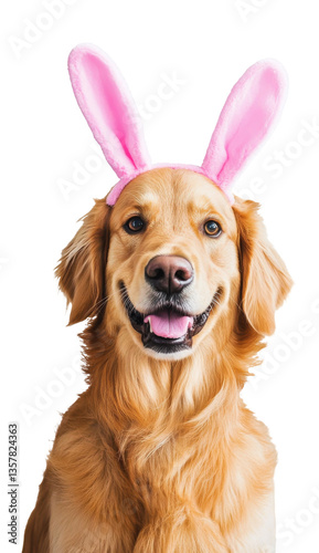 Golden retriever with pink bunny ears smiling at camera. Playful costume concept photo