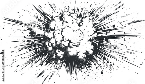 Dynamic black and white illustration of an explosion with graphic impact.