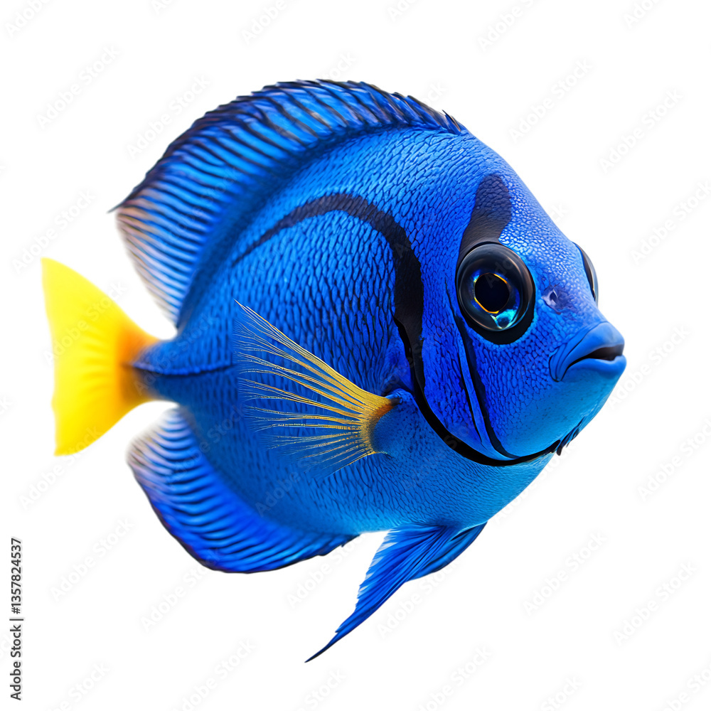 Naklejka premium A Bright Blue Tang Fish Gliding Through Water Isolated on Transparent Background
