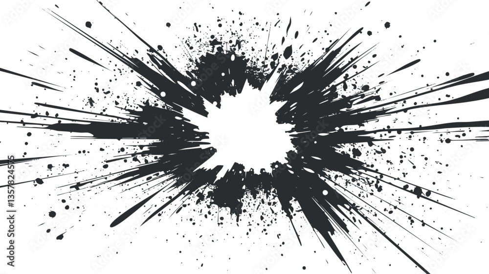 Abstract black ink splash on white background with dynamic splatter effect.