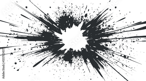 Abstract black ink splash on white background with dynamic splatter effect.