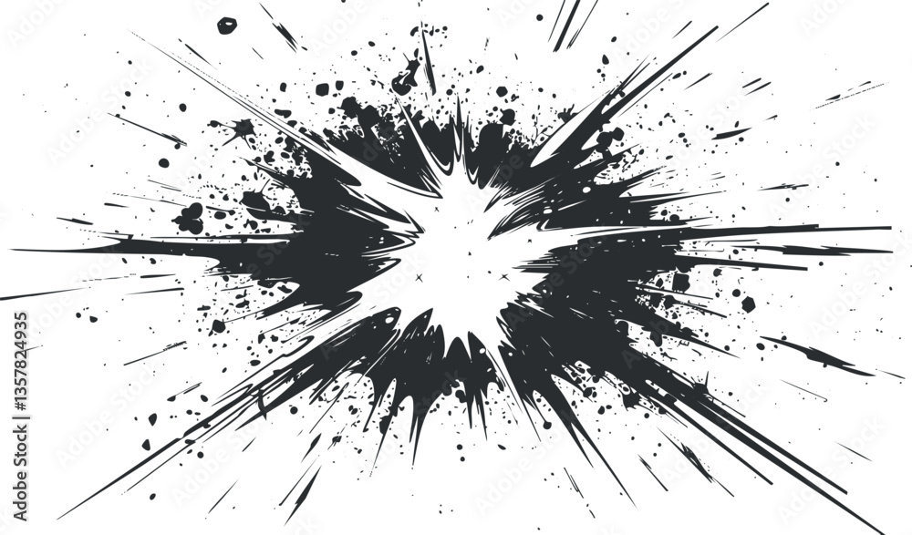 Abstract black and white explosion splash with dynamic splatter design. Abstract black and white explosion splash with dynamic splatter design.