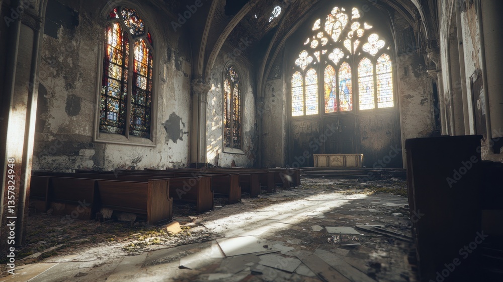 Fototapeta premium Abandoned Sanctuary Sunlight Streaming Through Stained Glass Windows in a Decaying Interior