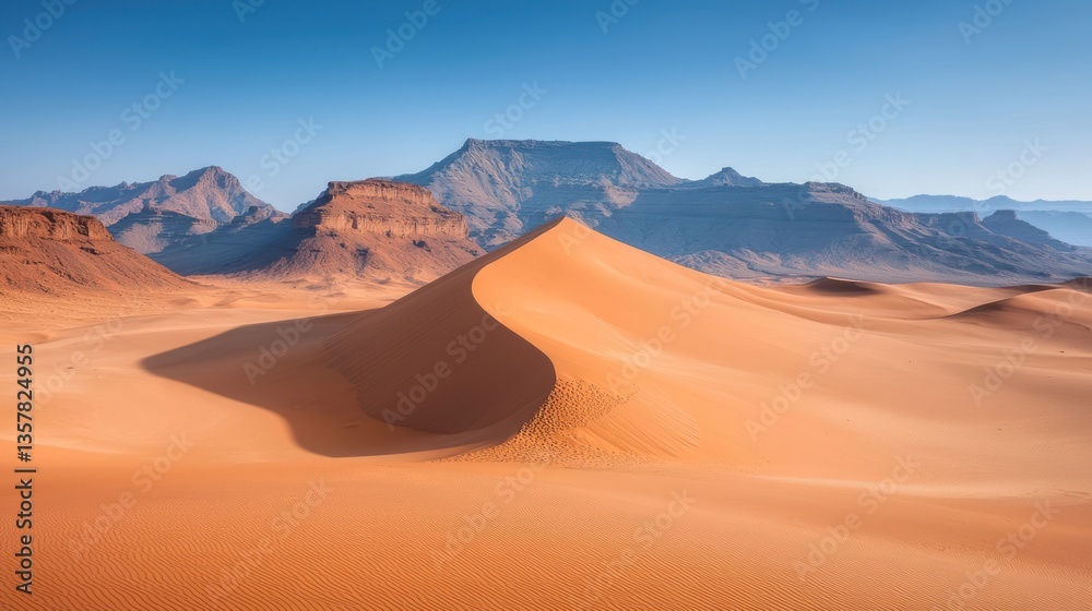 Vast desert landscape, dunes and mountains Vast desert landscape, dunes and mountains