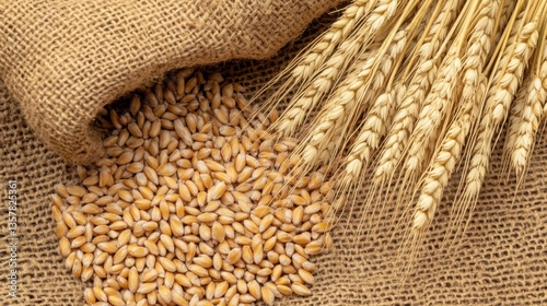 A rustic composition of golden wheat grains scattered across a coarse burlap sack, accompanied by wheat stalks, with dramatic side lighting for depth