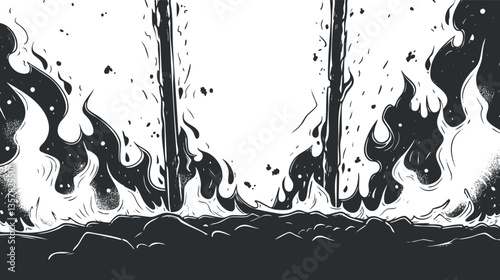 Black and white illustration of intense flames and smoke.