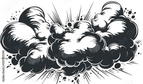 Black and white comic-style explosion illustration with dynamic cloud burst.
