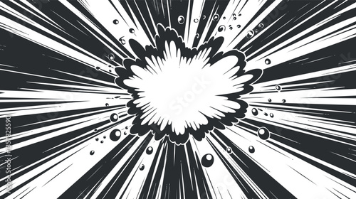 Comic-style explosion illustration with dynamic black and white burst lines.