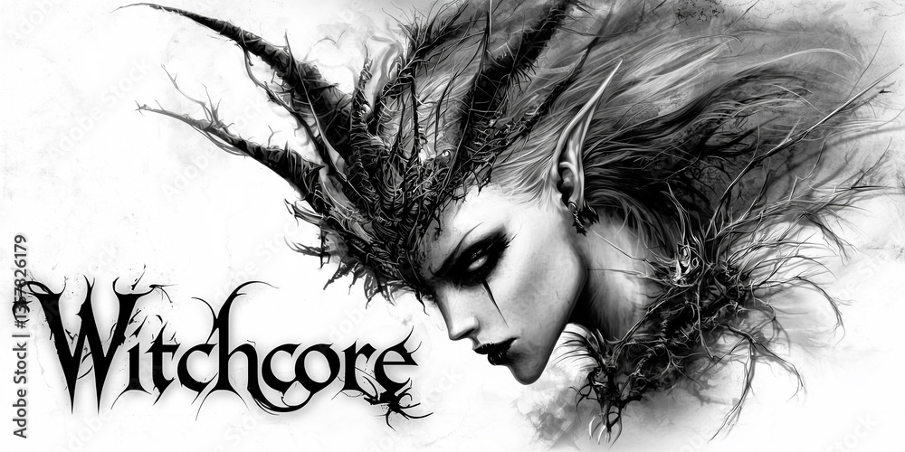 Fototapeta premium A fierce, otherworldly witch with thorny antler like horns and black tears stares intensely, framed by twisted branches and the word “Witchcore” in gothic, root like lettering.