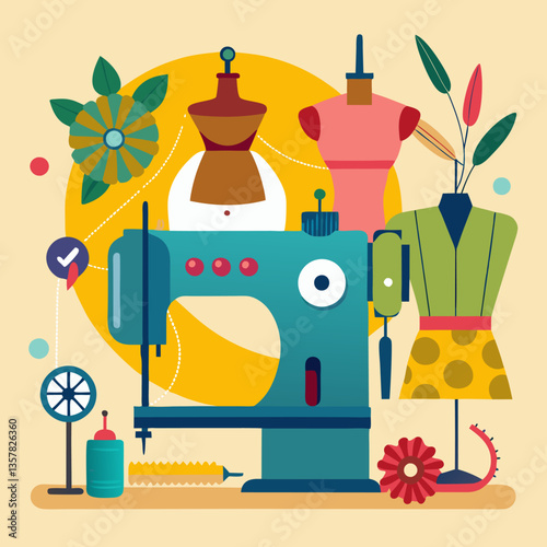 Seamstress's workspace image. Cartoon style. Vector illustration.