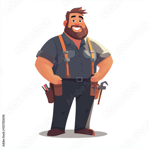 Bearded strong cartoon handyman with tools and a hammer, symbolizing strength, repair work, construction, maintenance, and technical skills.