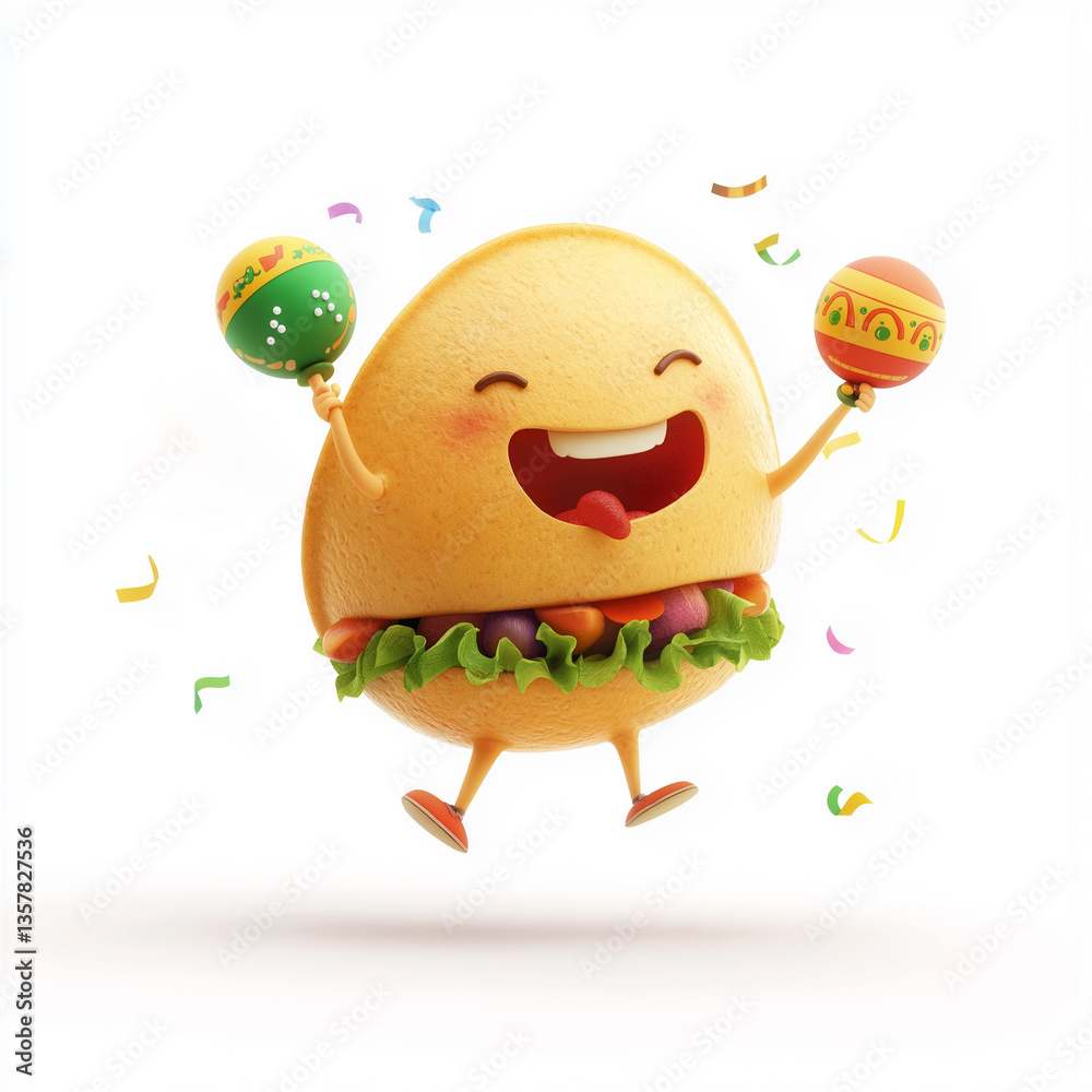Naklejka premium Cheerful taco cartoon character holding colorful maracas, jumping joyfully and celebrating with confetti in a fun Mexican vibe.