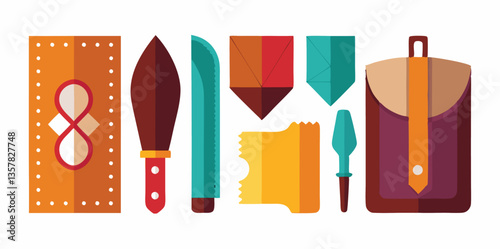 Set of different tools for making leather wallet images. Colorful cartoon icons isolated on white background. Vector illustration.