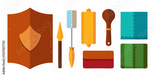 Set of different tools for making leather wallet images. Colorful cartoon icons isolated on white background. Vector illustration.