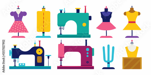 Set of different clothing sewing tools images. Colorful cartoon icons isolated on white background. Vector illustration.