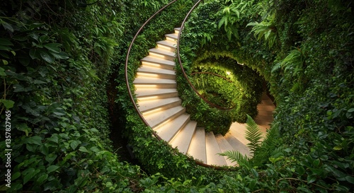 Enchanted Spiral Staircase: A Lush Green Oasis