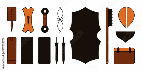 Set of different tools for making leather wallet colorful icons. Flat simple images isolated on white background. Vector illustration.