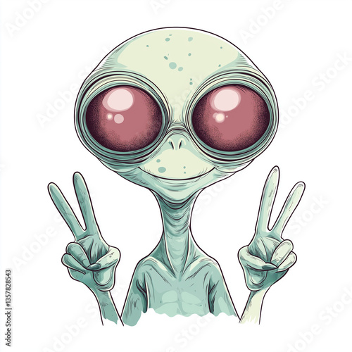 Adorable pale green alien character with large eyes flashing peace signs, smiling peacefully, radiating friendly energy.