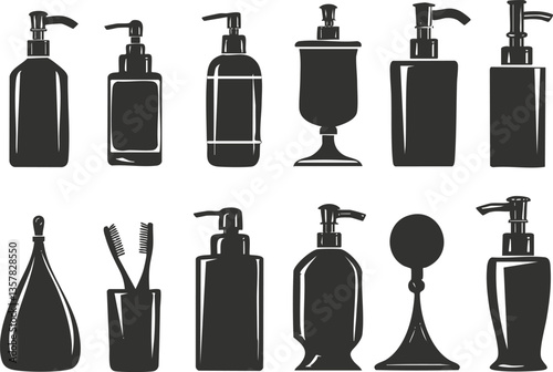 Silhouette of cosmetic bottles and dispensers in various shapes.