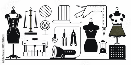 Set of different clothing sewing tools icons. Flat line icons isolated on white background. Vector illustration.