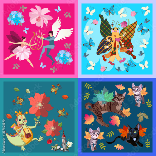 Fairytale endless patchwork pattern for children's bed linen with winged creatures: cats, fairy and elf, birds, butterflies, dinosaur.