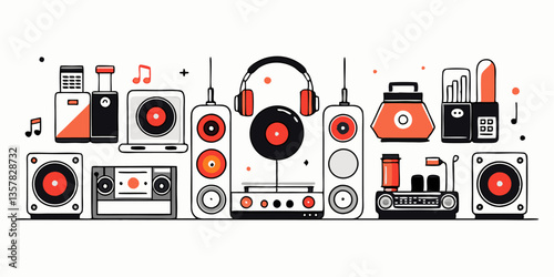Set of different DJ equipment icons. Flat line icons isolated on white background. Vector illustration.