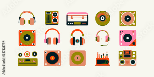 Set of different DJ equipment images. Flat colorful isolated icons. Vector illustration.