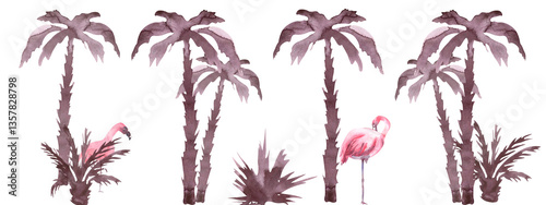 Seamless border with palm trees and pink flamingo. Watercolor illustrations monochrome tropical silhouette plants. Summer element for design invitation and card in a tropical style, cosmetic package