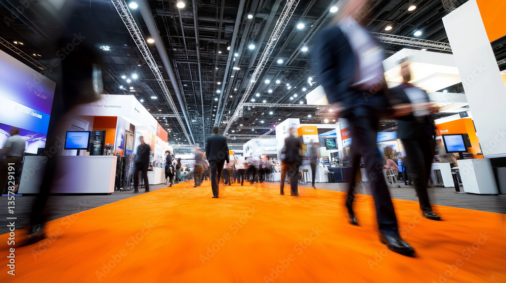 Obraz premium A bustling business exhibition with professionals walking through the venue with orange carpets, booths, and digital displays.