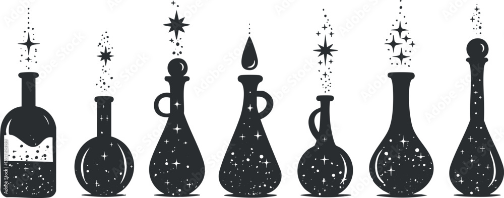Fototapeta premium Black and white illustration of magical potion bottles with stars.