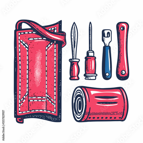 Hand drawn set tools for making leather wallet on white background. Vintage style. Vector illustration.