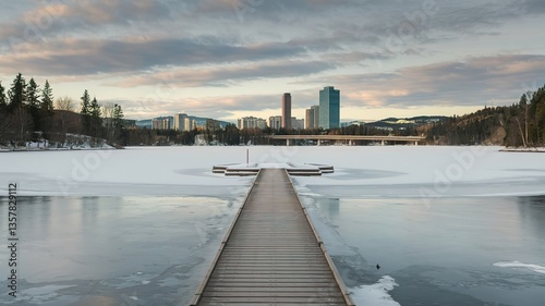 Lake in the morning cityscape environmnt concept winter snow photo