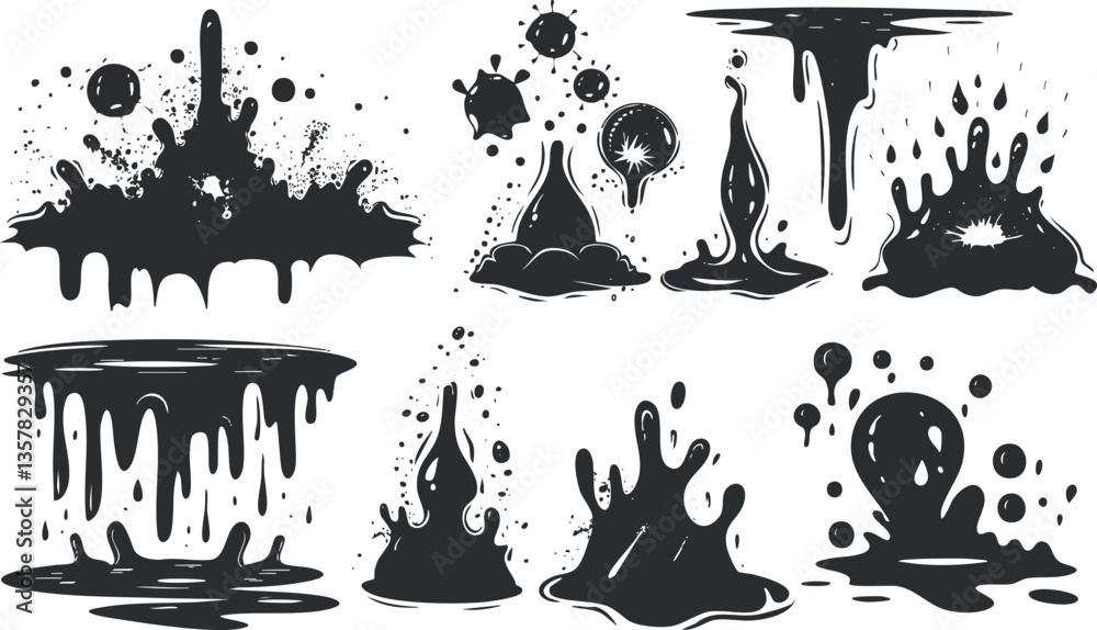 Collection of abstract black ink splashes and drips on white background. Collection of abstract black ink splashes and drips on white background.