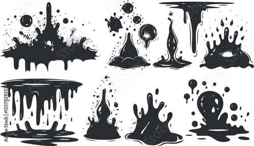 Collection of abstract black ink splashes and drips on white background.