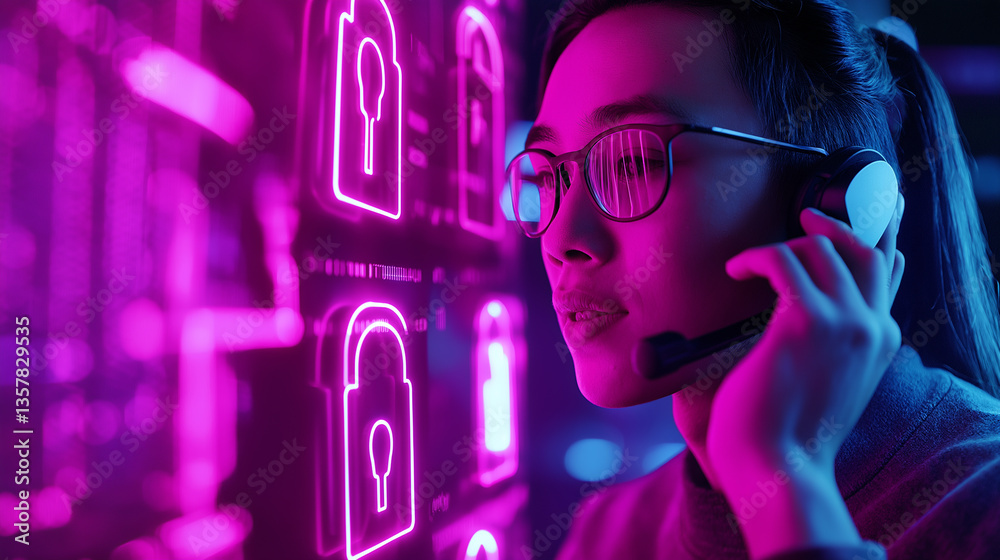 A woman working in cybersecurity, wearing a headset and analyzing encrypted data on a computer screen with lock icons.
A woman working in cybersecurity, wearing a headset and analyzing encrypted data on a computer screen with lock icons.