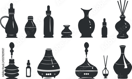 Silhouettes of various aromatherapy diffusers and bottles for wellness design.