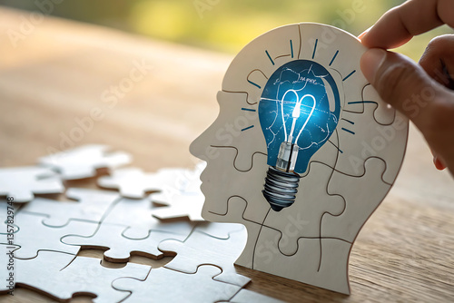 puzzle pieces, human head silhouette, glowing blue light bulb, idea concept, hand placing final piece, white background, jigsaw puzzle,