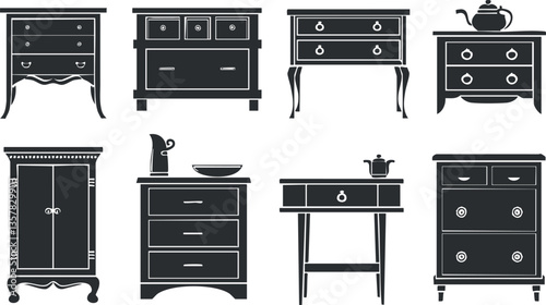 Collection of vintage furniture silhouettes including cabinets and tables.