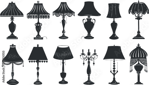 Silhouettes of vintage table lamps with various designs and shades.