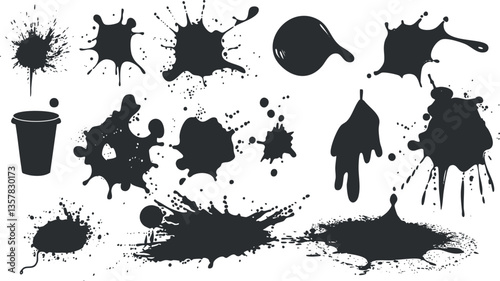 Collection of black ink splatters and stains on a white background.