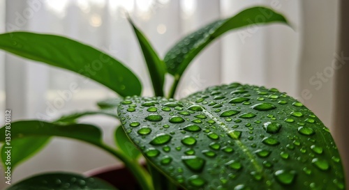 Dewdrops on Lush Green Leaf: A Close-Up of Nature's Beauty