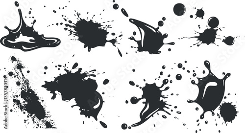 Abstract black ink splatter and blot design on white background.