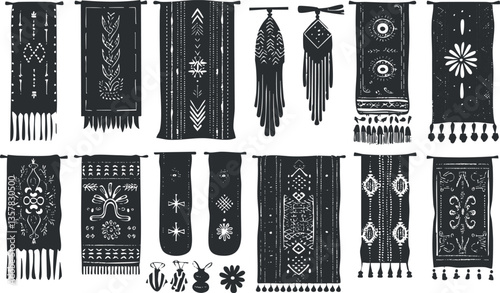 Collection of traditional decorative wall hangings with intricate patterns.