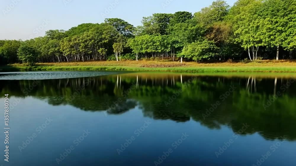 Serene landscape showcasing a calm lake reflecting lush green trees and vegetation along the banks. Serene landscape showcasing a calm lake reflecting lush green trees and vegetation along the banks.