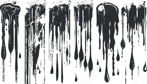 Black paint dripping pattern on white background with grunge texture.
