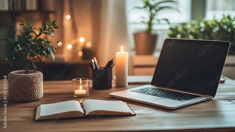 Fototapeta premium Cozy Workspace: An inviting workspace features a laptop, journal, and candles, perfect for focused work in a warm setting.