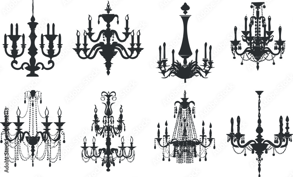 Fototapeta premium Set of elegant chandelier silhouettes in a vintage style vector illustration.