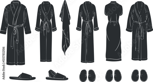 Silhouette illustration of bathrobes, slippers, and towel set