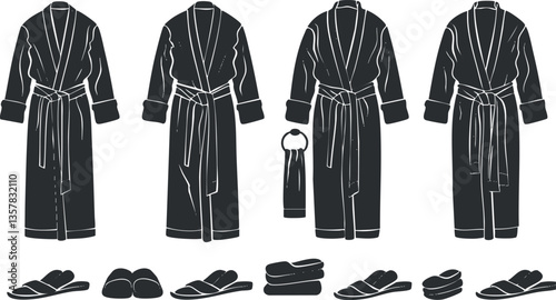 Silhouette of bathrobes, slippers, and towels in a vector illustration.